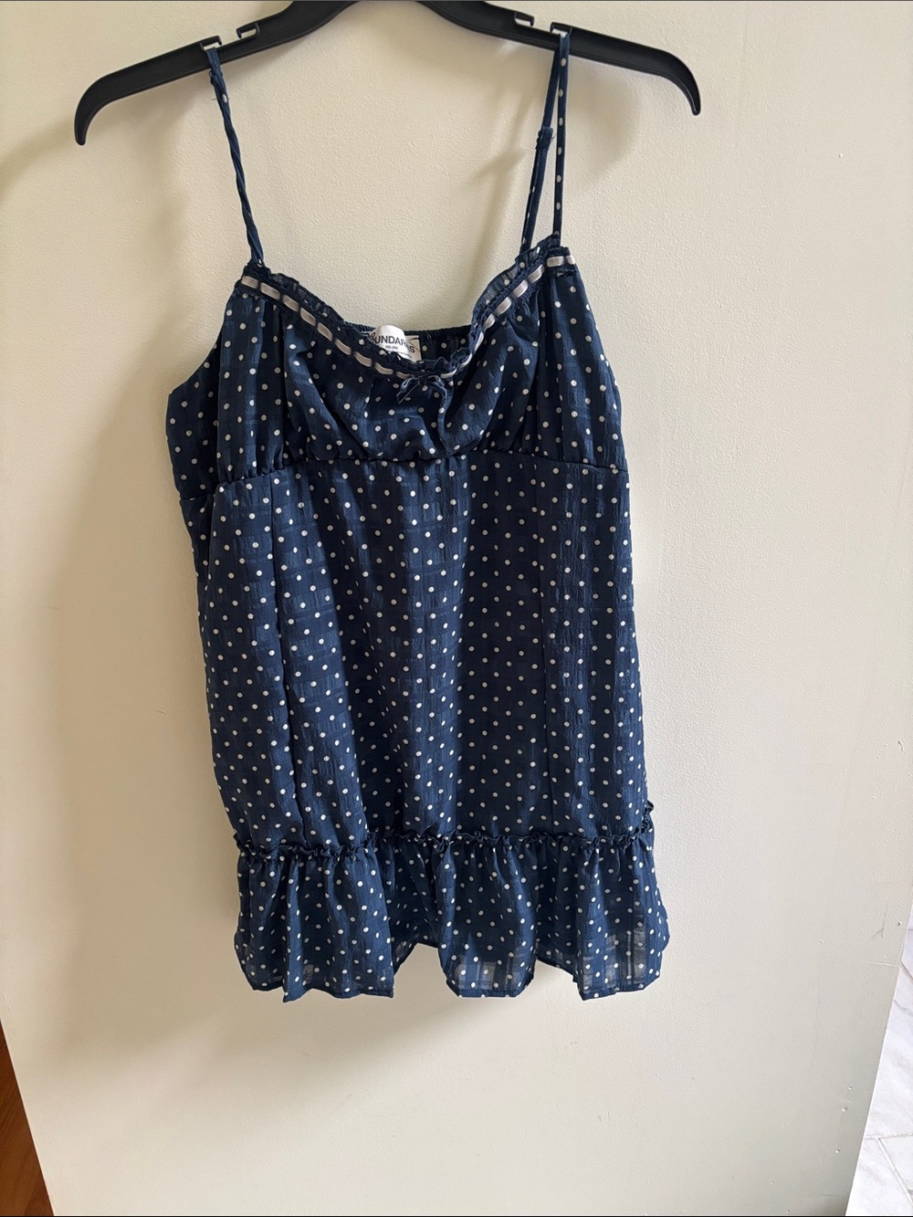 No Boundaries Navy Polka Dot Ruffle-Hem Camisole